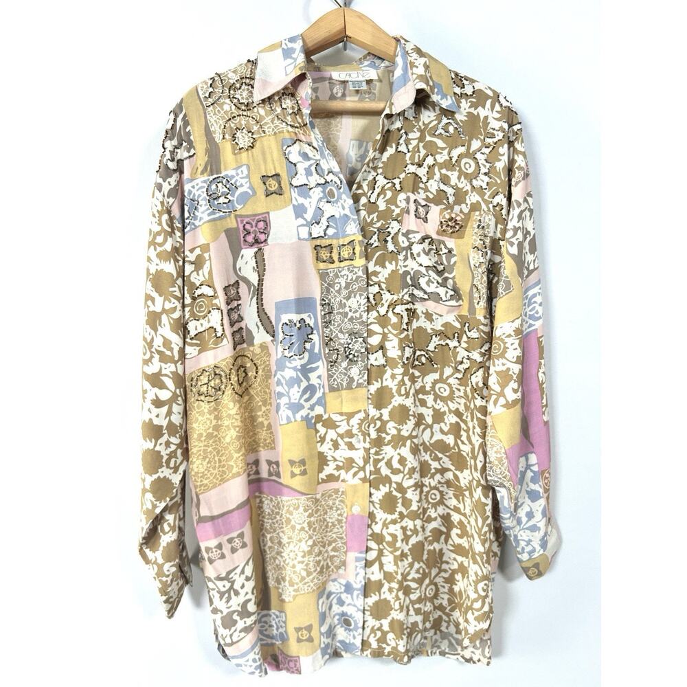 Vintage 90s Cache Beaded Patchwork Boho Lagenlook Button Shirt Top Women’s L/XL‎ - Picture 3 of 11
